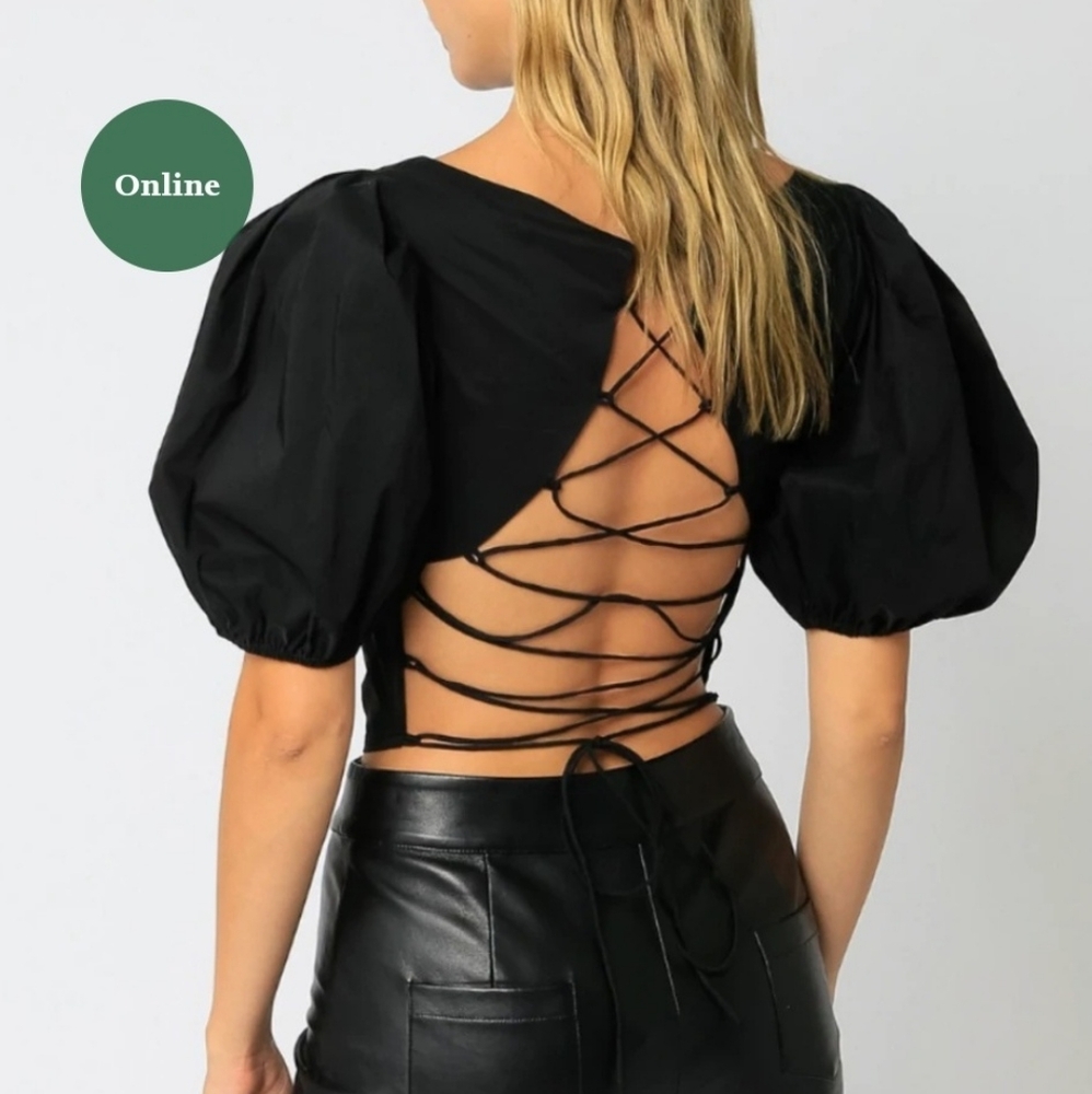 Olivaceous Black Puff Sleeve Peasant Corset Top